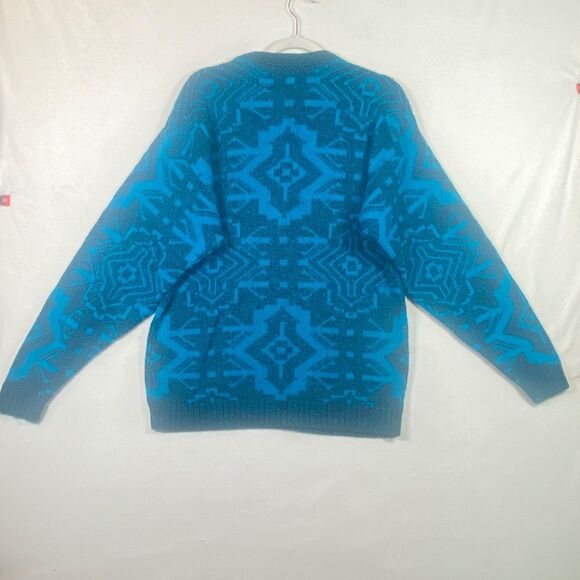 Le Tigre Vintage USA Made Geometric Knit Sweater Blue Teal Mens L - Picture 2 of 9